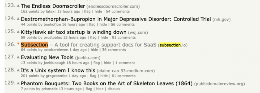 Subsection on the homepage of Hacker News