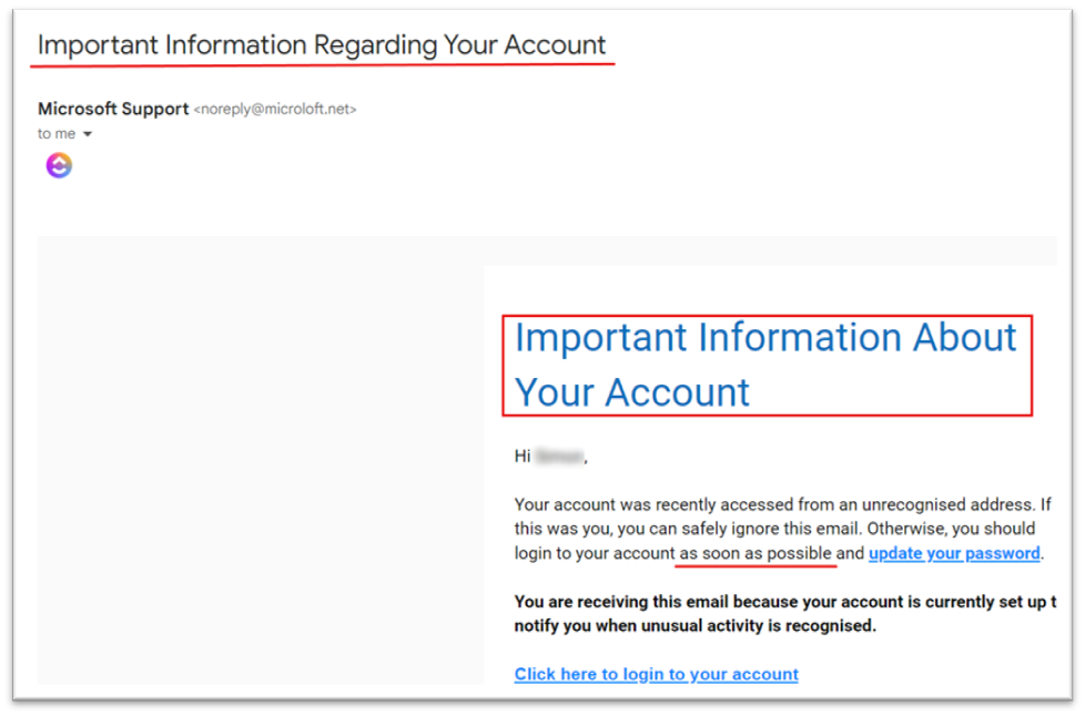 An example of a Phishing email where a sense of urgency is being created