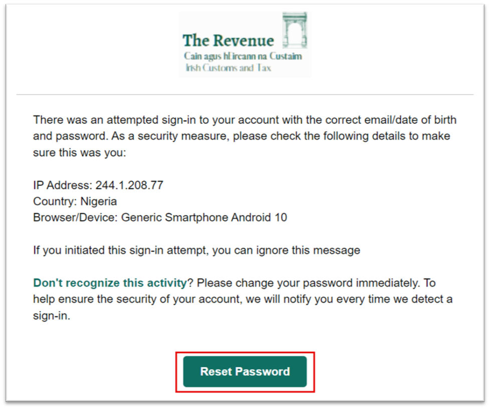 An example of a Phishing email where the recipient is being prompted to reset their password