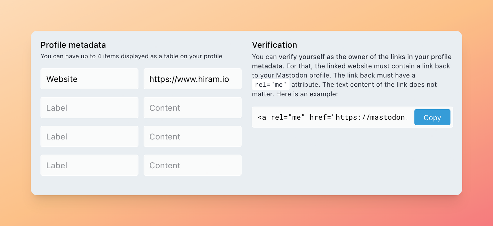 A screenshot of Mastodon's interface that allows you to verify yourself with various methods