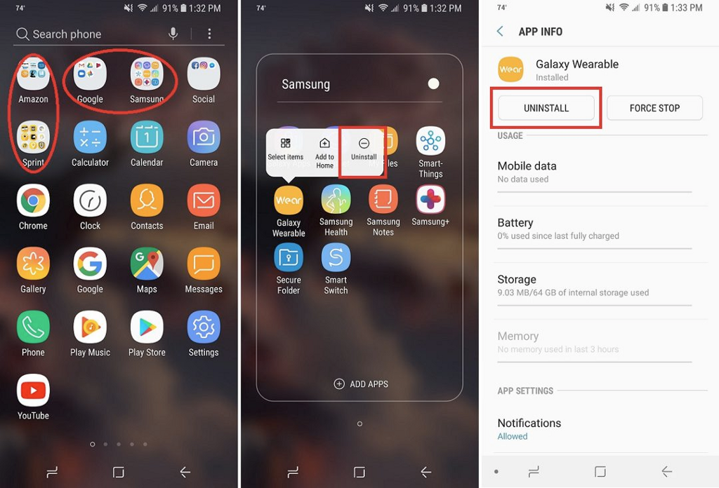 Screenshots of a phone that has bloatware from Google, Samsung, and Amazon.