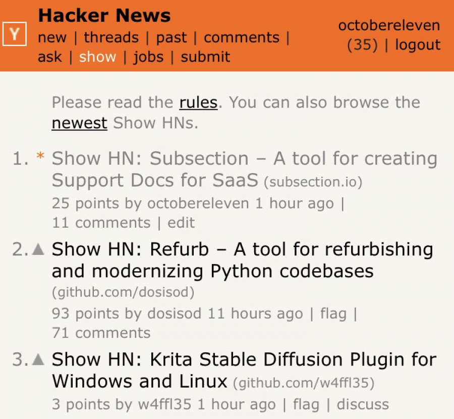 The front page of ShowHN on Hacker News depicting Subsection on the top of the list