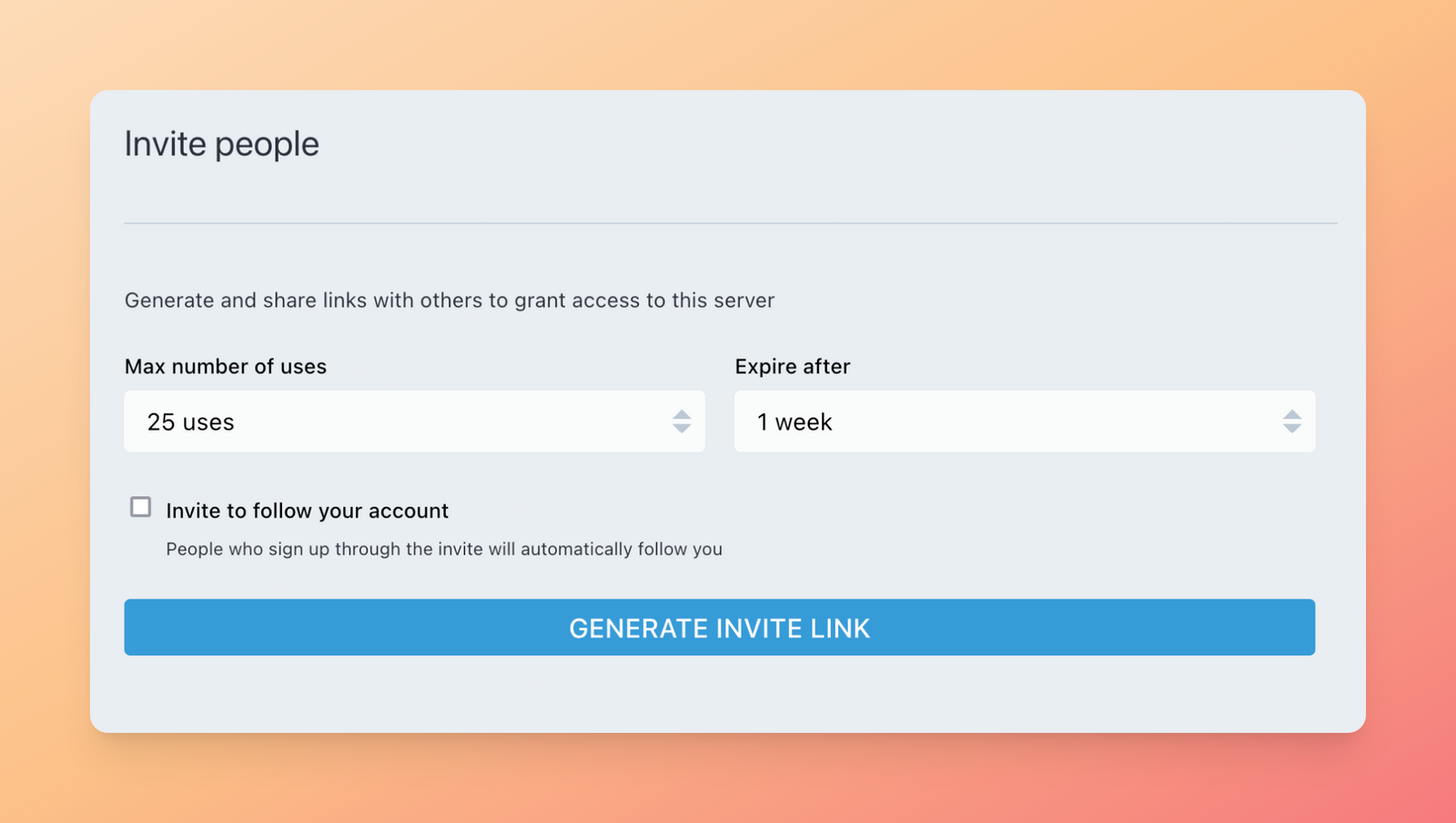 A screenshot of Mastodon's interface that allows you to generate invitation links and limit the number of users allowed on a server