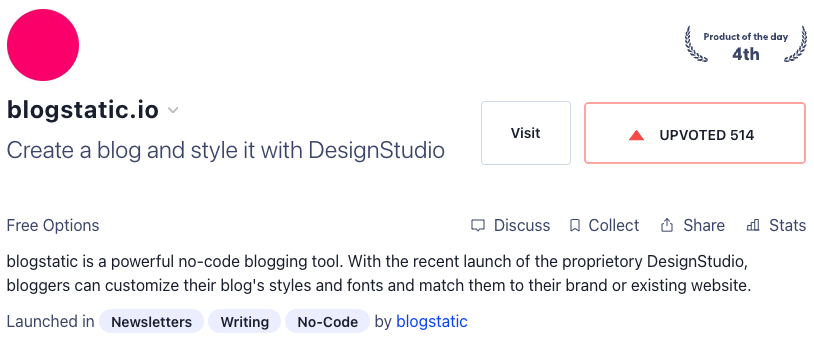 The screenshot of the blogstatic's launch page on Product Hunt