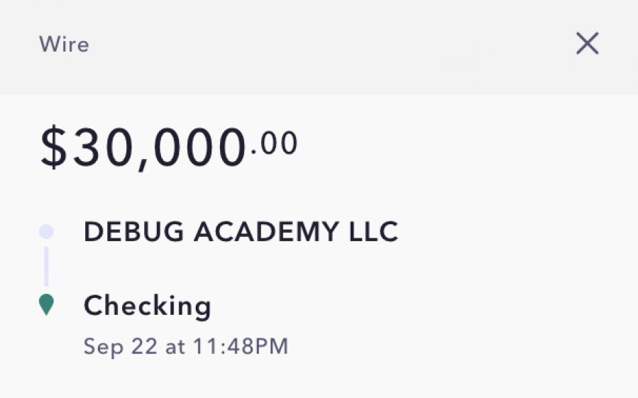 A screenshot of the wire transfer from Debug Academy LLC to Handmade Spaceships, Inc.