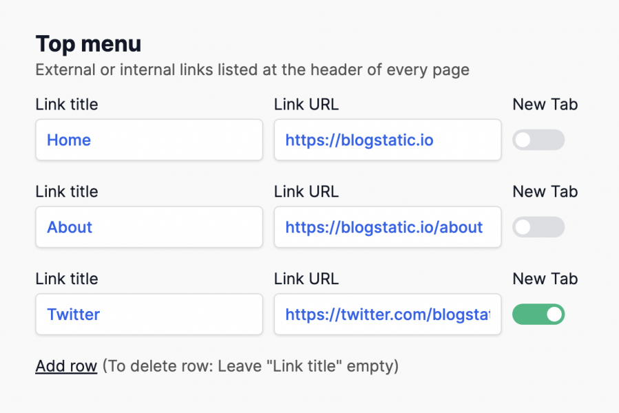 the header links sections in the settings area in blogstatic where users can add their custom links for the top menu