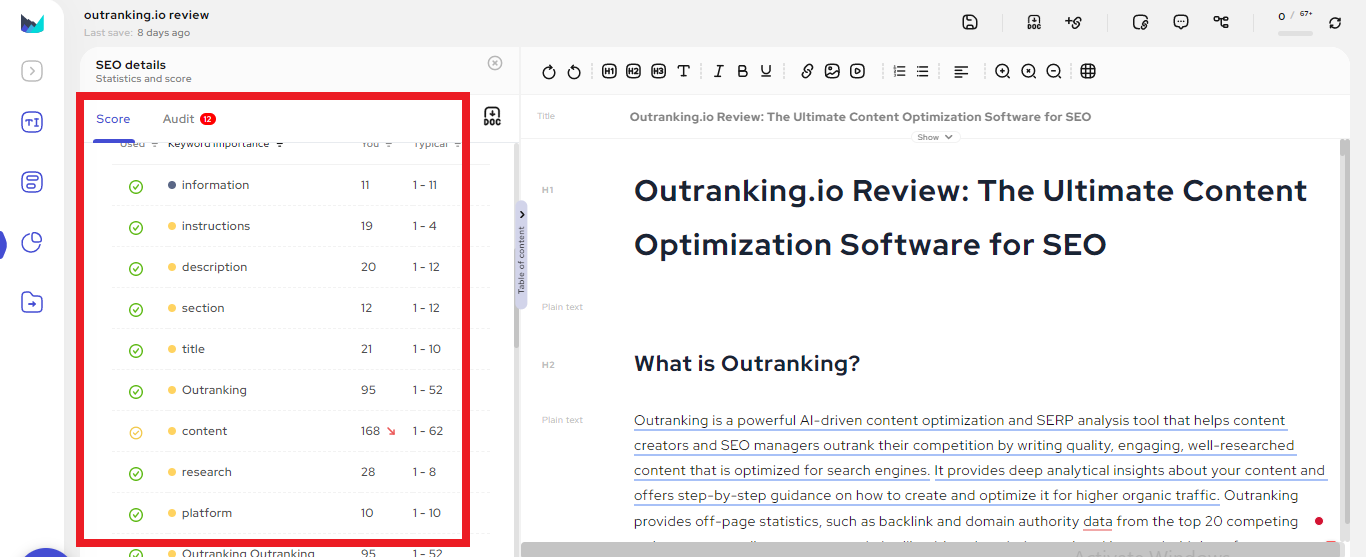 Content optimization on Outranking