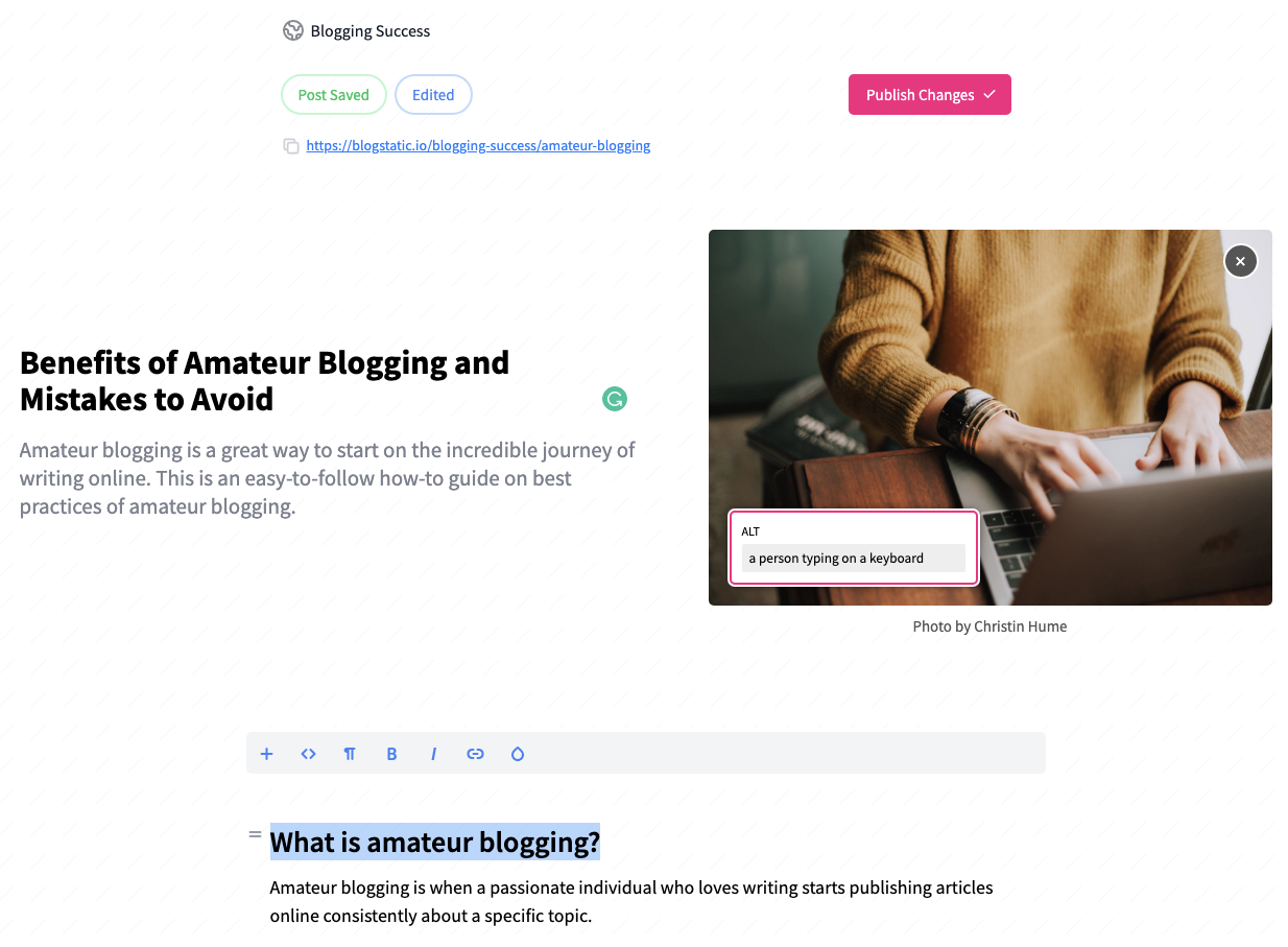a screenshot of the editor area in blogstatic