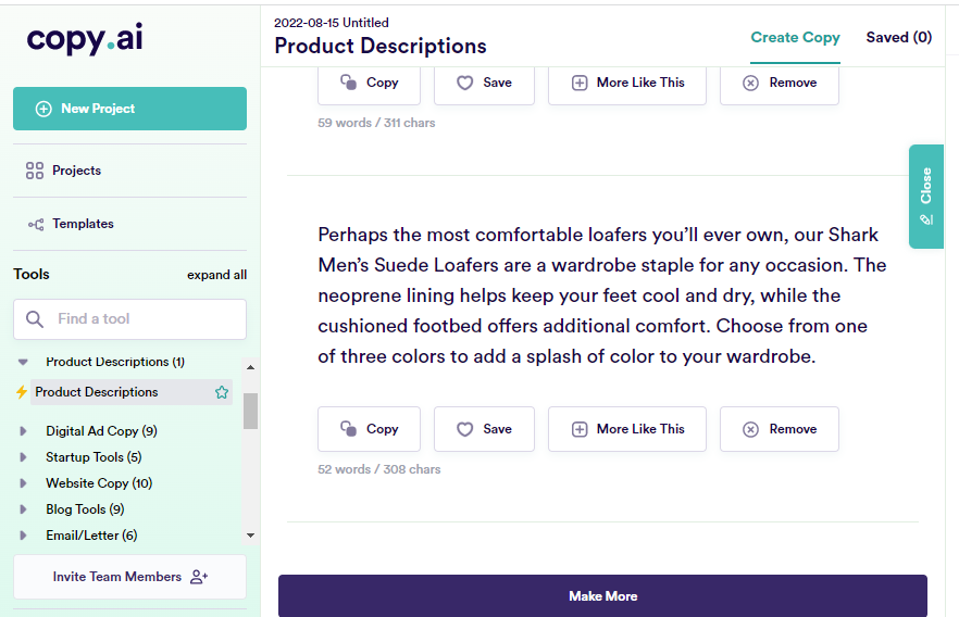 A screenshot of product description generated by Copy AI