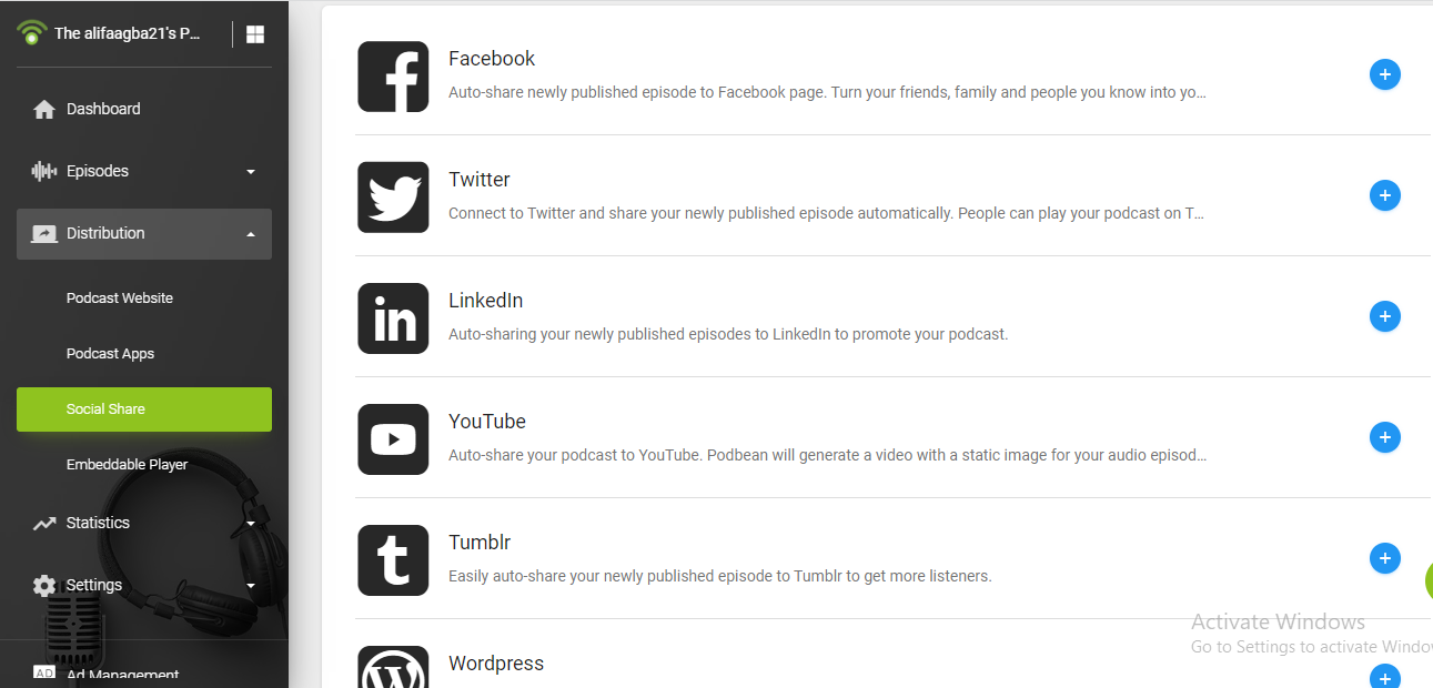 Podbean social  media integrations