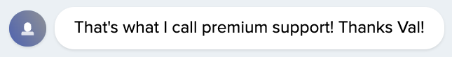 A screenshot of a message bubble with a user avatar on the left, containing the text: 'That's what I call premium support! Thanks Val!'