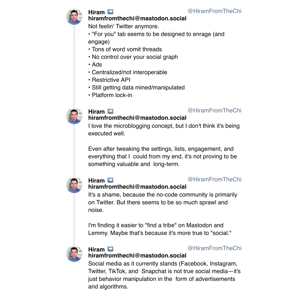 Screenshot of a thread by HiramFromTheChi describing the changes that have led to Twitter's/X's downward spiral.