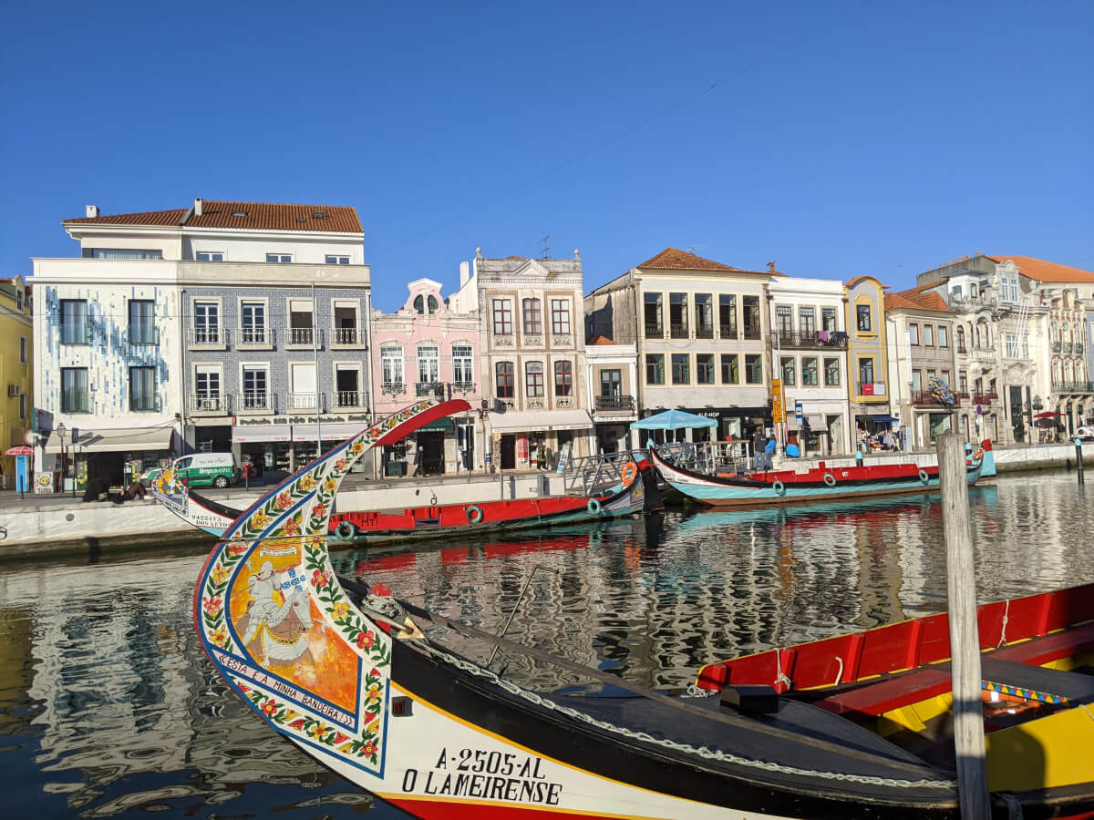 Image: The photo shows colorful Moliceiro boats on the main canal in downtown Aveiro in January