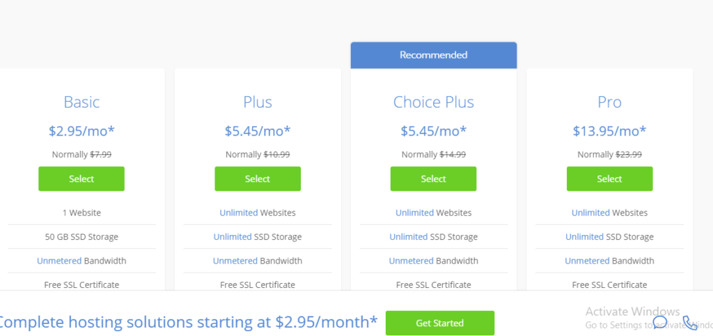 Bluehost pricing page