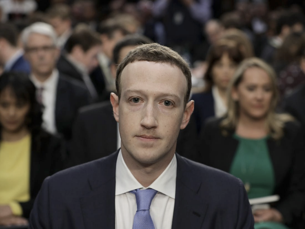 A closeup of Mark Zuckerberg testifying in front of Congress.