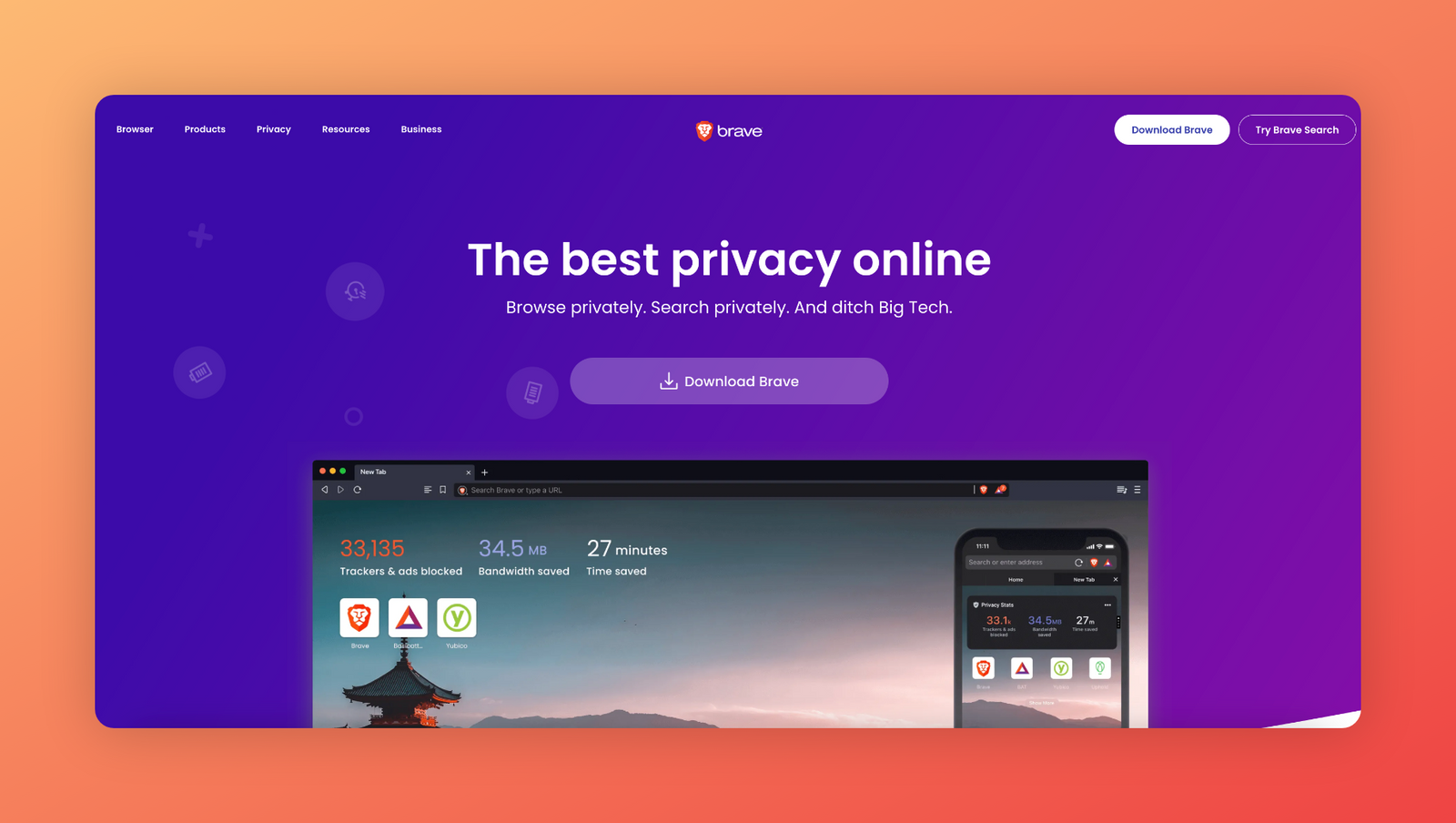 The Brave browser homepage.