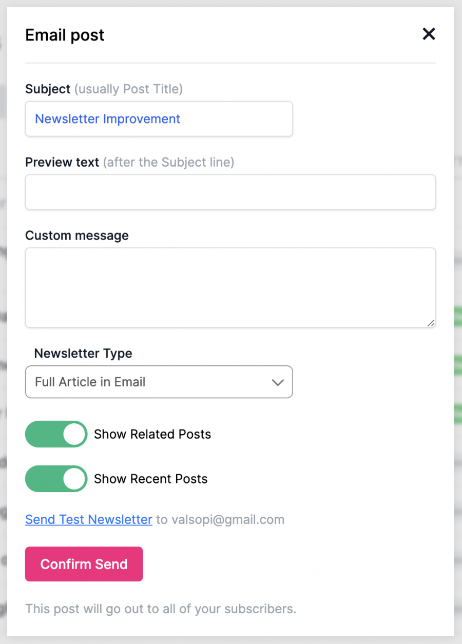 screenshot of the newsletter modal with various sending options