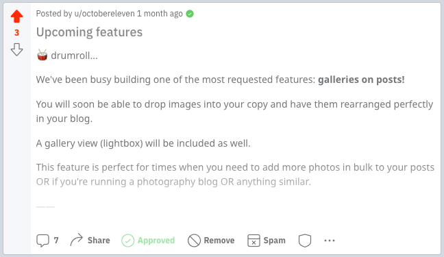 Screenshot of a blogstatic post on r/blogstatic about upcoming features, including galleries on posts, which allows for images to be arranged in a blog. The post indicates that a gallery view (lightbox) will be included. The feature is suggested to be ideal for adding multiple photos to posts or for use in photography blogs.