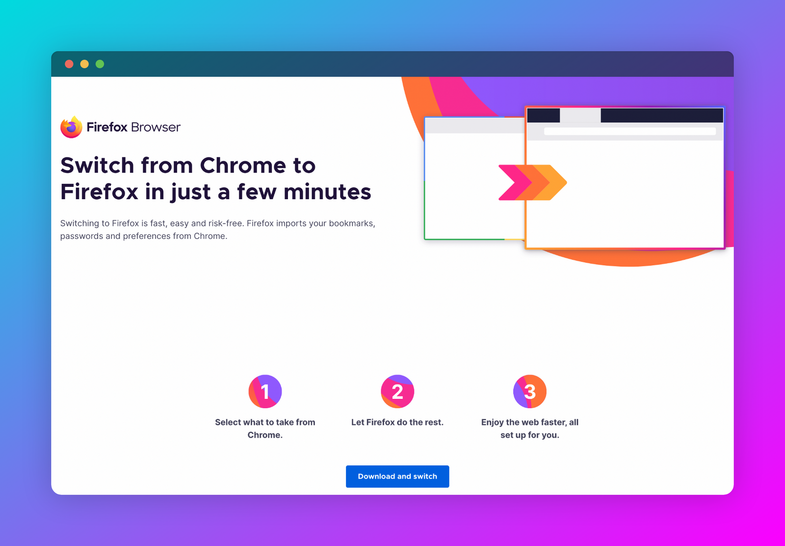 Firefox's landing page for switching from Chrome to Firefox