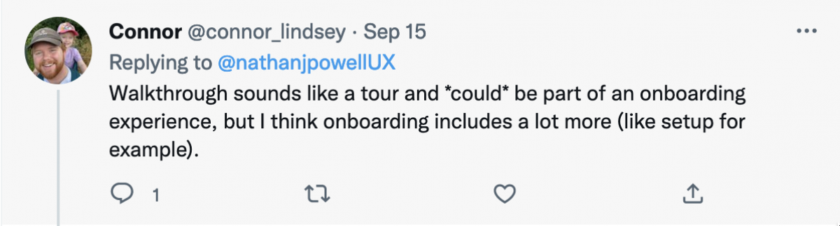 Image of Connor Lindsey on Twitter giving his definition of what onboarding and walkthroughs are.
