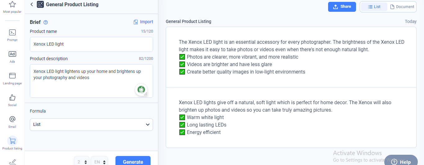 A sample of Anyword-generated product description