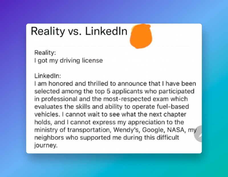 Reality vs. LinkedIn driving license test meme