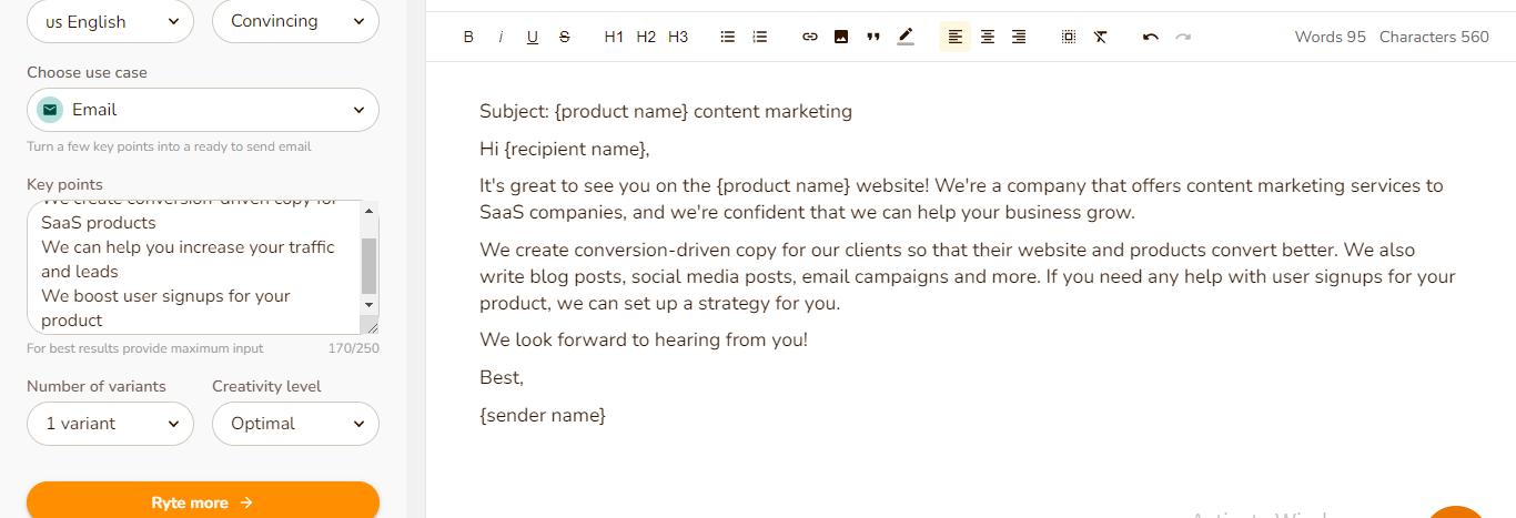 Rytr email marketing copy